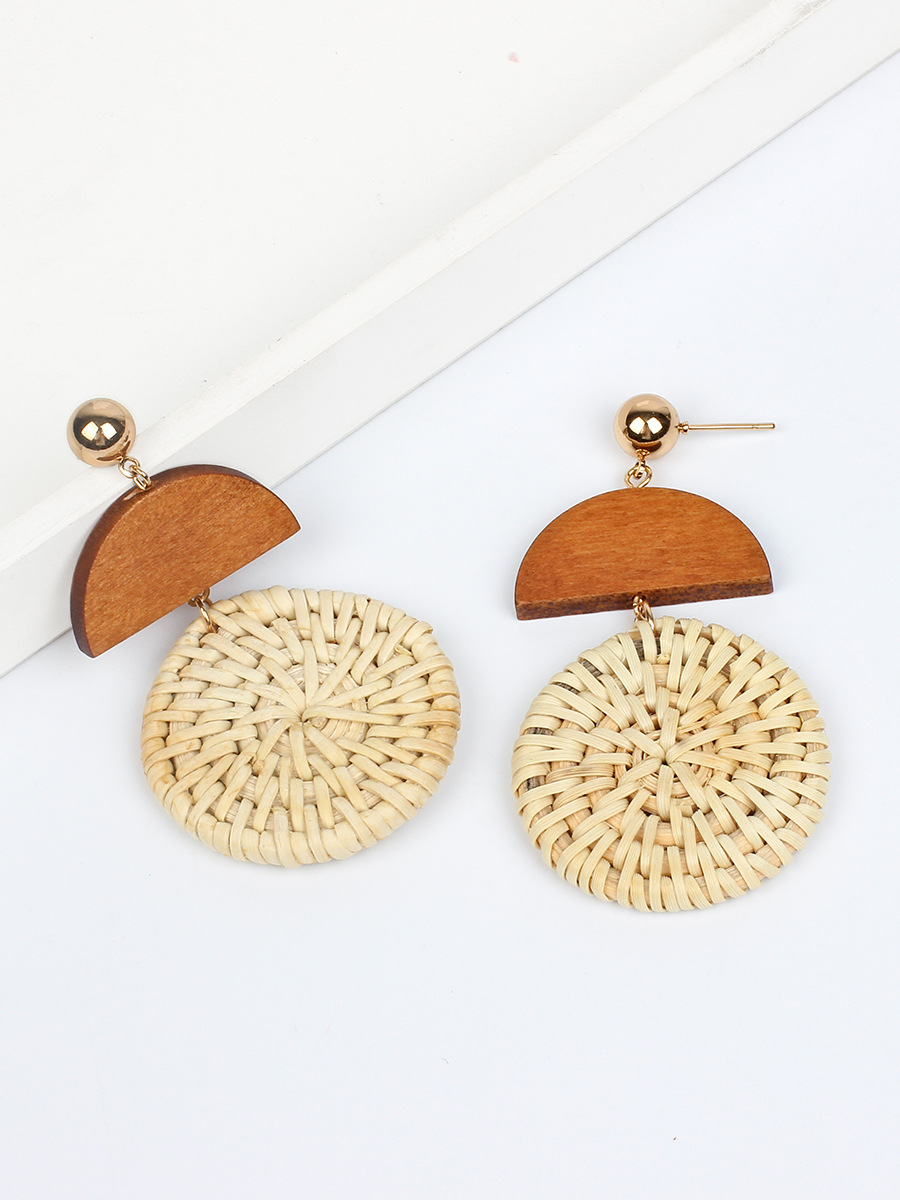New Straw Woven Round Wood  Retro  Earrings display picture 4
