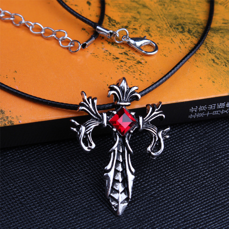 Gothic minimalistischer Schmuck Persönlichkeit rot geometrischer Titanstahl-Anhänger dominantes Kreuz Herrenhalskette_voghion.com