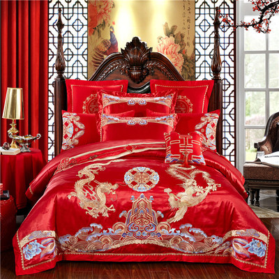 全棉贡缎婚庆四件套床品套件大红色龙凤刺绣贡缎结婚四六件十件套|ru
