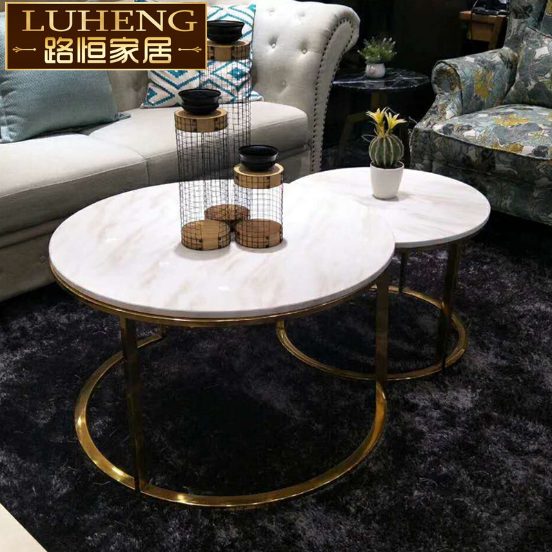 北欧大理石茶几 钛金不锈钢创意高低圆大小叠放组合一大一小茶桌