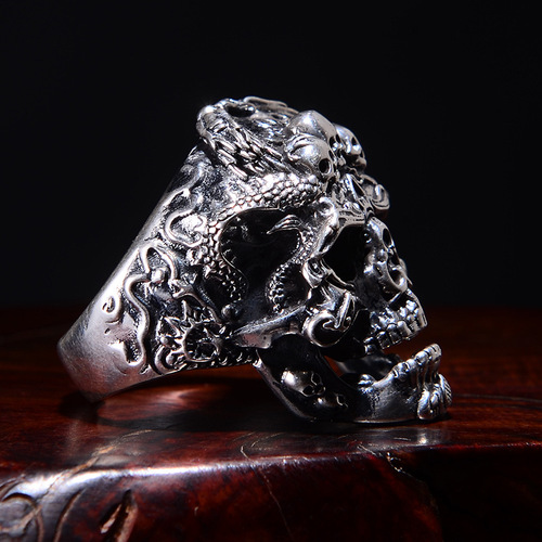 Cross-border jewelry European and American retro men's ring punk dark double dragon pattern skull index finger ring foreign trade jewelry