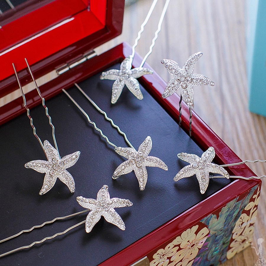 Bride Oblique Starfish Head Flower U-shaped Hairpin Wedding Headdress display picture 2