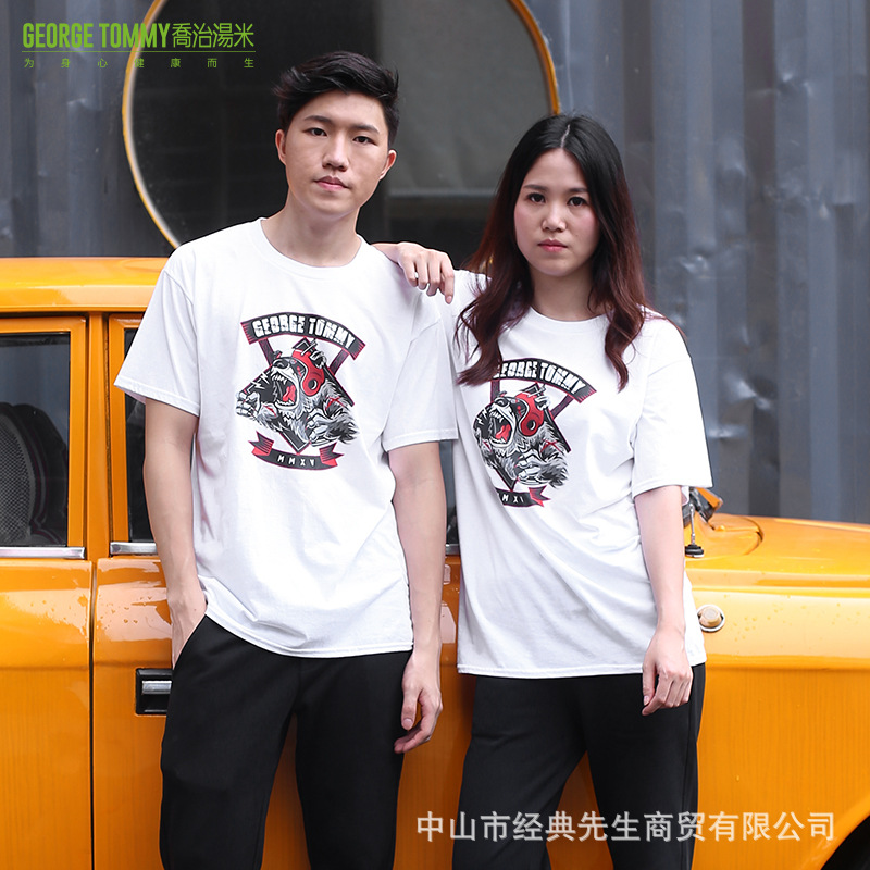 乔治汤米现货批发国潮风高清数码印花纯棉男装女士T恤大码情侣装