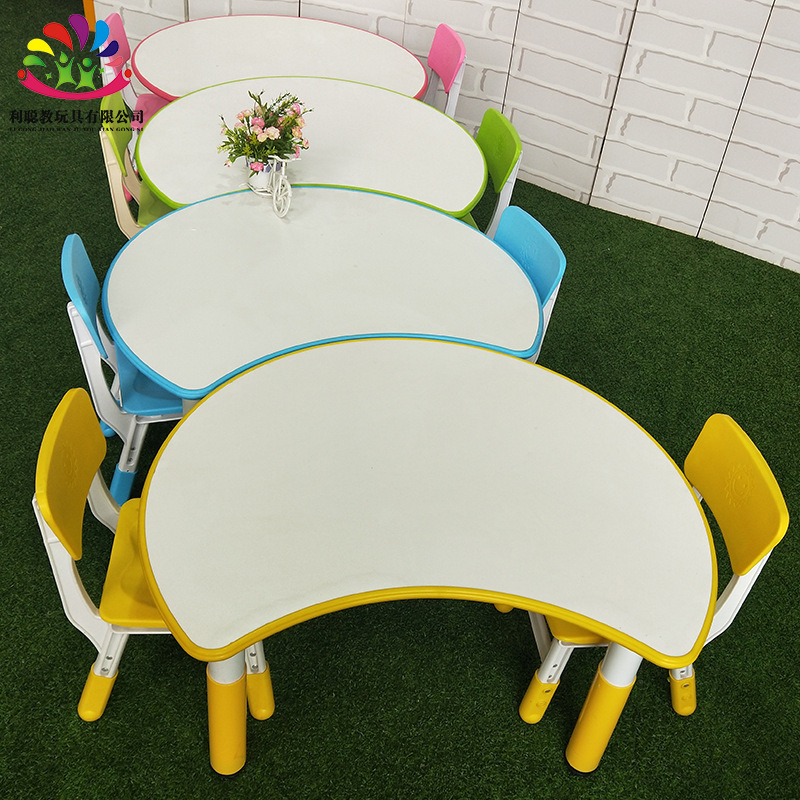Children's Moon table adjustable lifting student desk and chair New crescent table kindergarten lifting fireproof board desk and chair