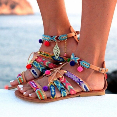 Cross border wish Europe and America Foreign trade Large Sandals Ladies Bohemia Fish mouth Sphere Ethnic style Flat bottom Sandals