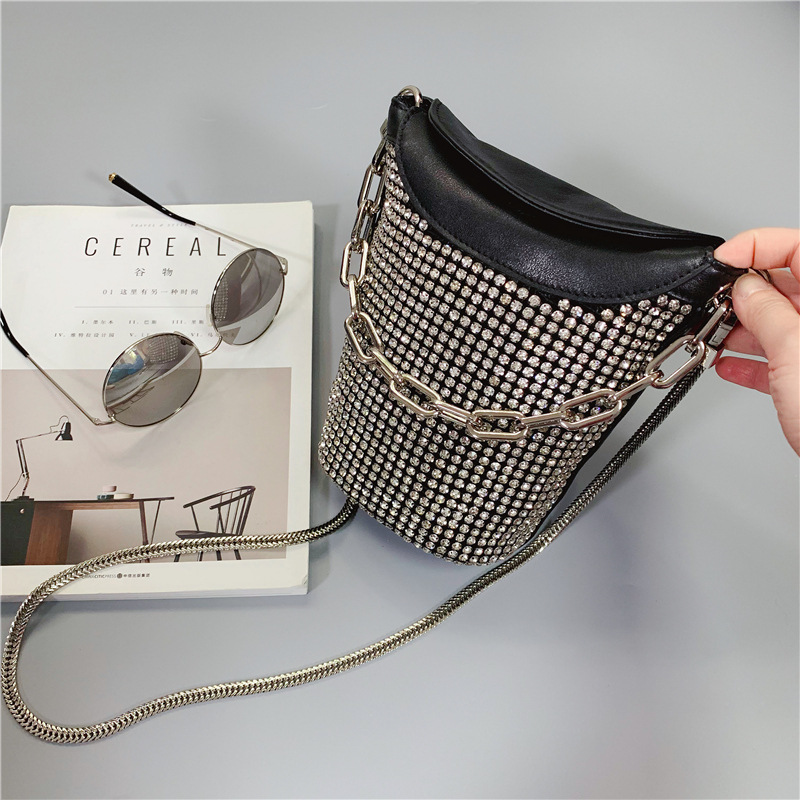 欧洲站欧货真皮镶钻小包2018新款时尚个性爆款大王同款链条水桶包|ms