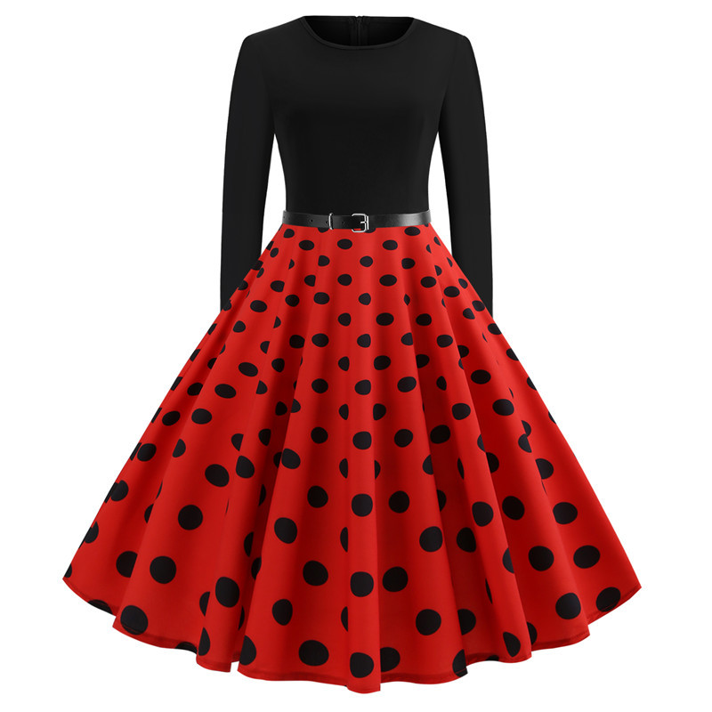 Factory supply a large number of spot hot new women's vintage round neck printing long sleeve large swing dress spot