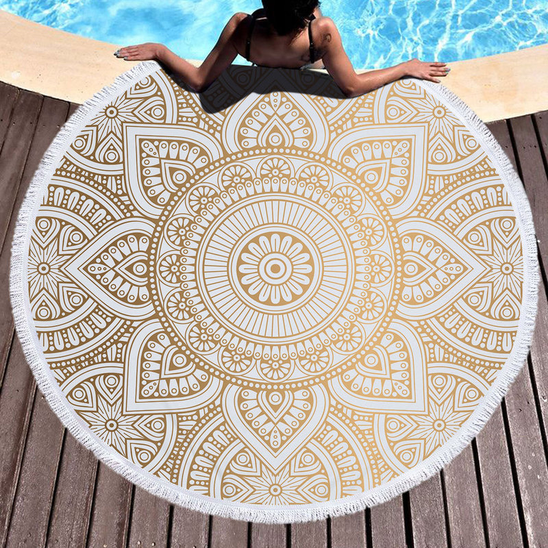 Factory Direct Sales Microfiber Round Beach Towel Bath Towel Mandala Print with Tassel 150cm Export Export