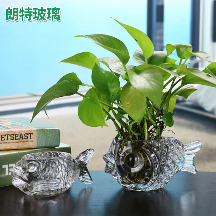 厂家直销创意雕花水晶玻璃鱼形花瓶室内花卉植株盆栽办公室摆饰|ru