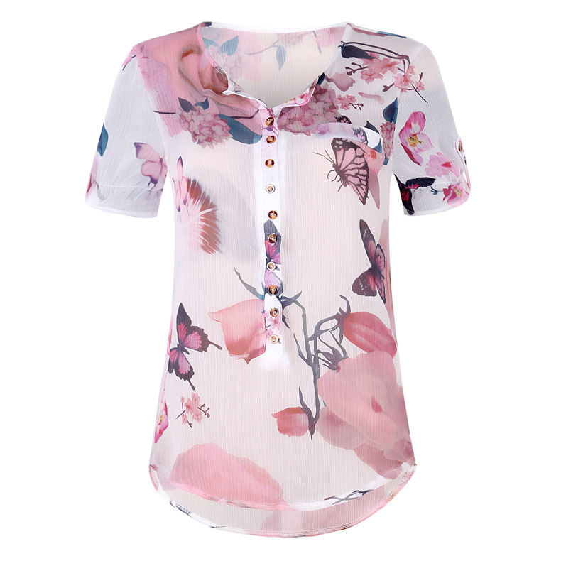 short-sleeved printed button chiffon shirt NSZH33908