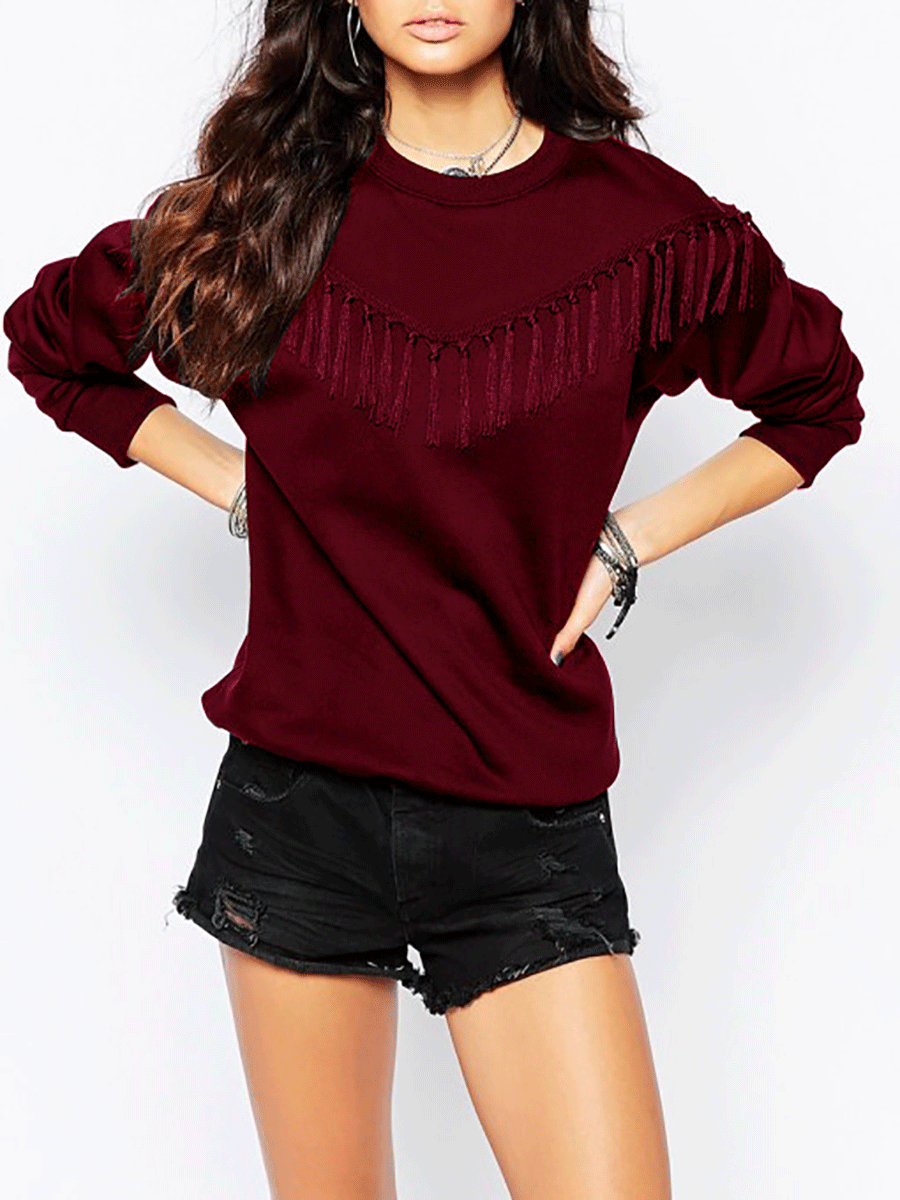 Womens Solid Color Fringe Long Sleeve Sweatshirt Available in 5 Colors and 4 Sizes Casual Wear Wholesale