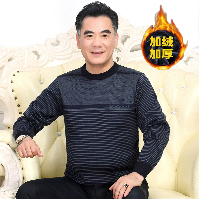 Мужской зимний мужской свитер среднего возраста на флисовой подкладке, толстый теплый свитер с круглым вырезом, мужской зимний мужской свитер среднего и пожилого возраста