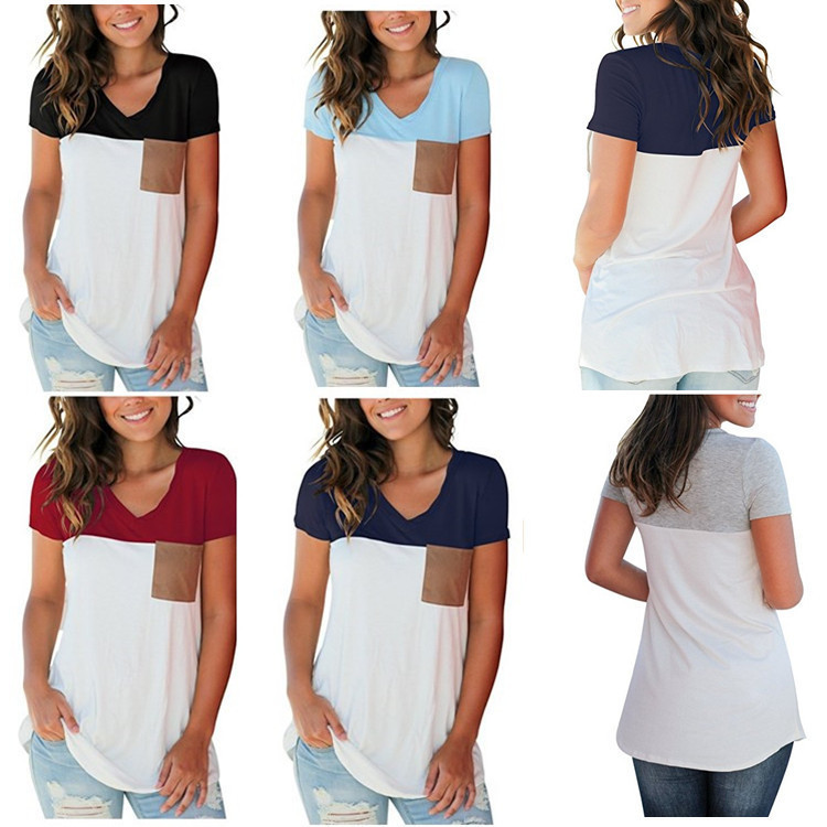 2018亚马逊速卖通新款 欧美短袖V领拼接口袋T恤上衣清新甜美短袖