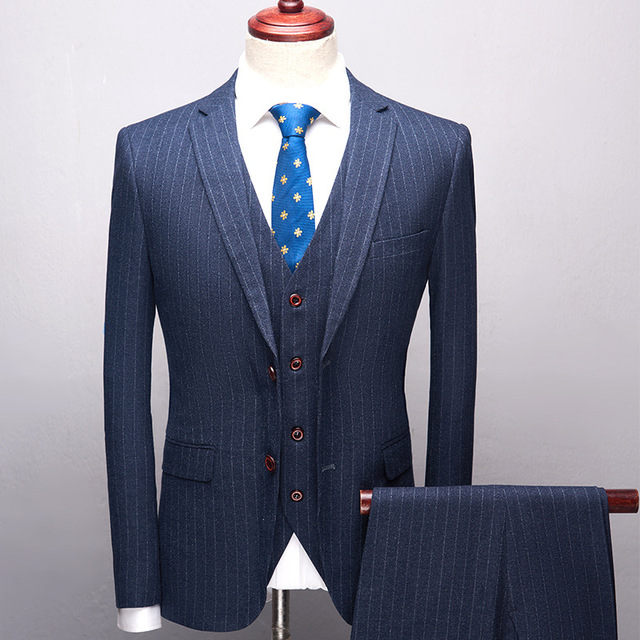 Business casual suit vertical stripe wool slim business suit three piece wedding dress