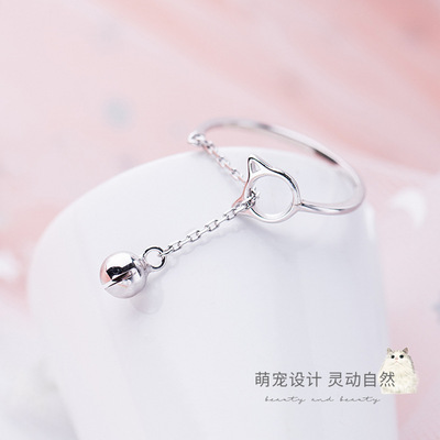 日韩清新镂空猫咪铃铛指环简约创意流苏猫开口戒指女配饰品|ru