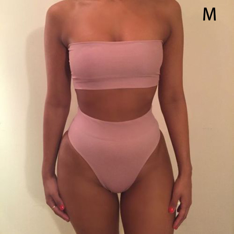 (W)(中性)露肩抹胸泳装 码数->M;颜色->粉色