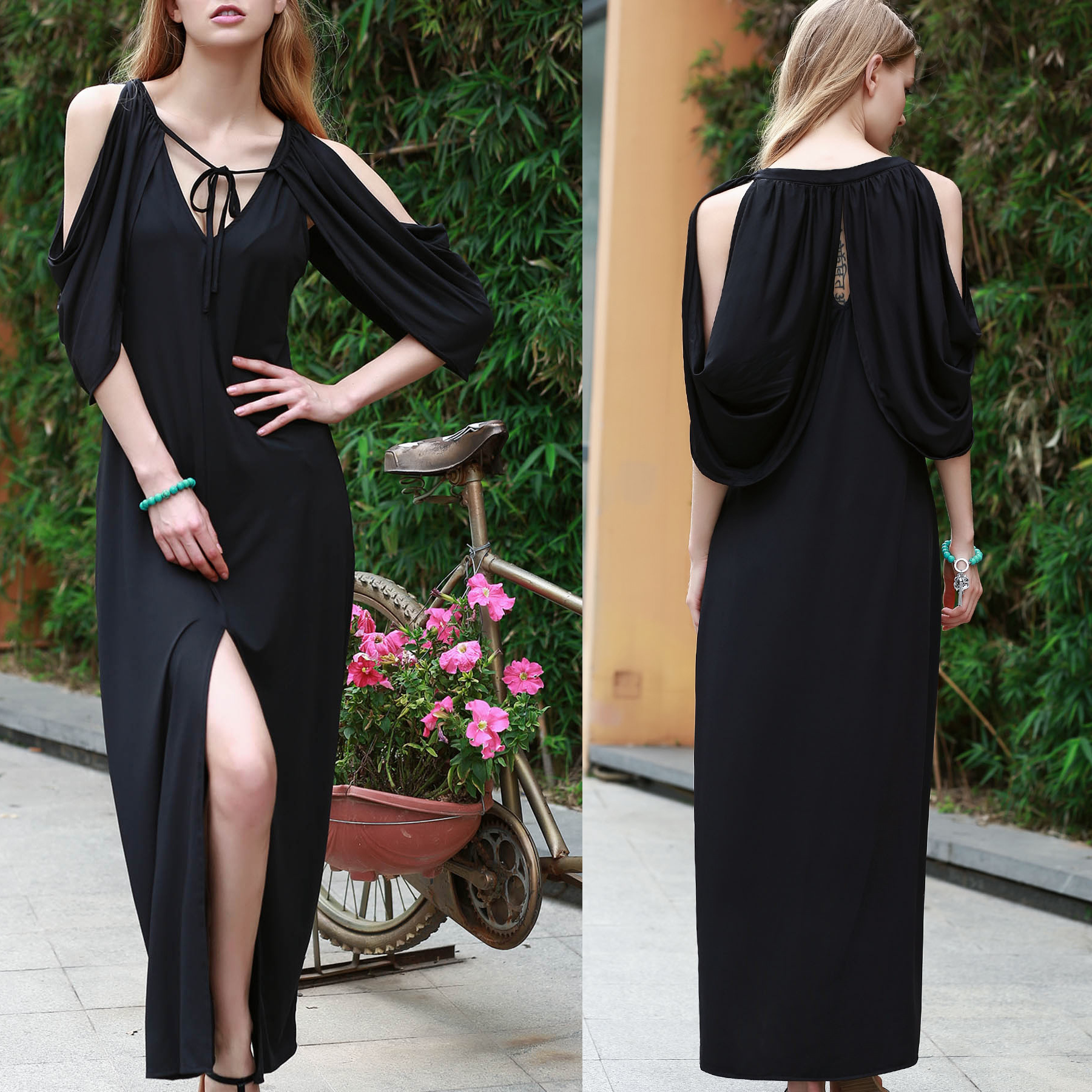 Off Shoulder Cape Dress Deep V Neck High Slit Adjustable Tie Elegant Evening Gown Wholesale Available