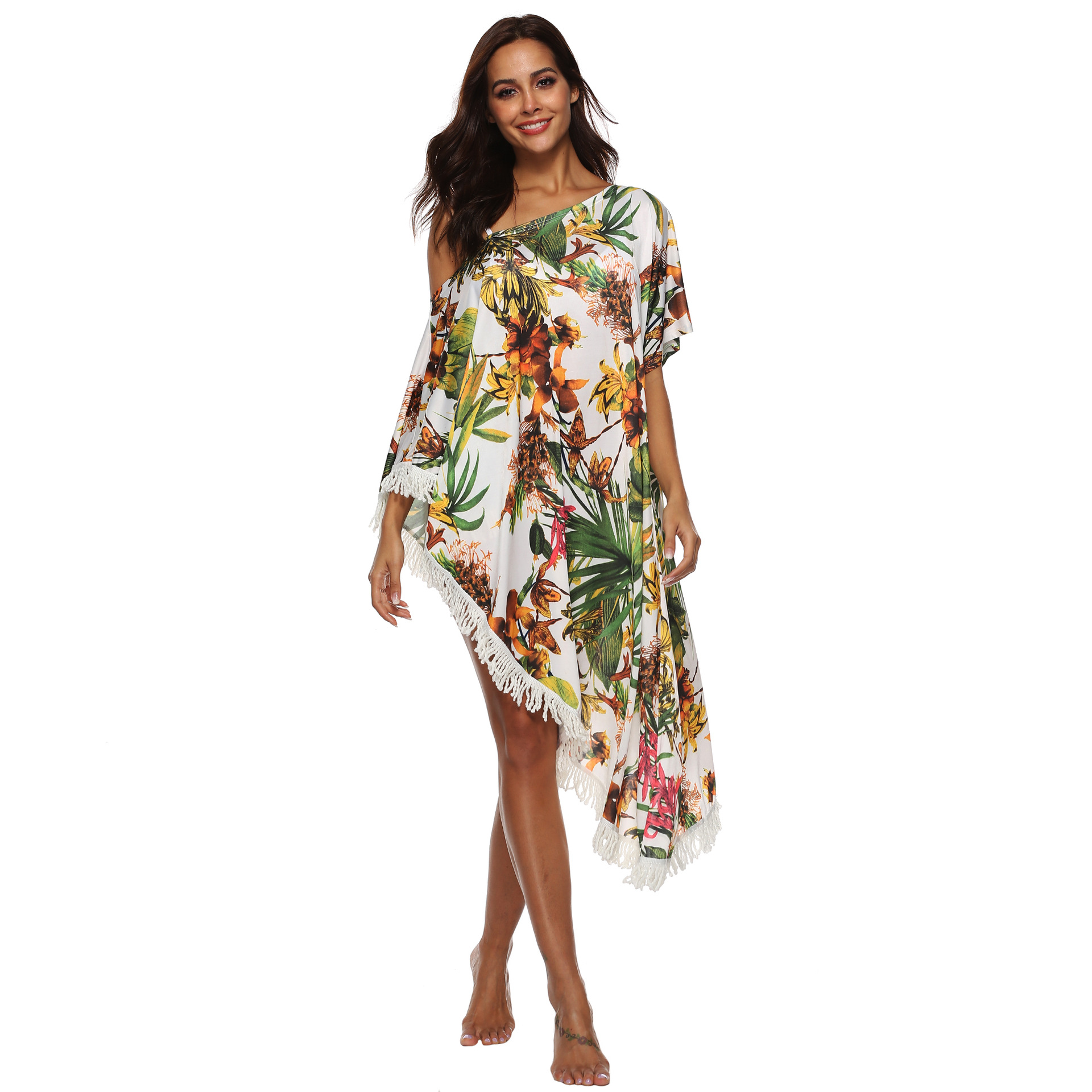 Floral Print Off Shoulder Maxi Dress Tassel Detail Irregular Hem Sun Protection Summer Casual Wear Wholesale