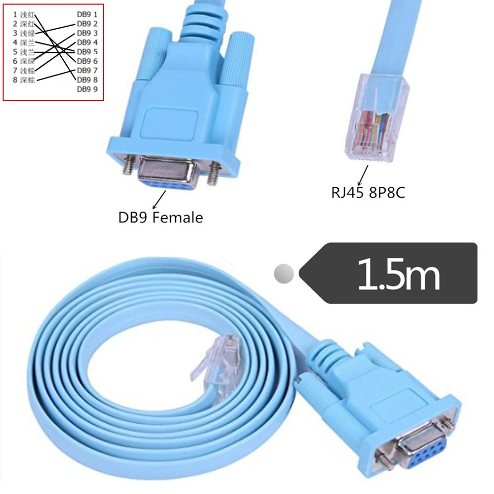 RJ45 TO RS232蓝色扁网线转串口线 DB9F/8P8C 1.5米转接线