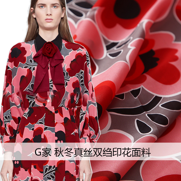 18年欧美新款花型 G家简约大气朱红色花朵数码印花时装面料现货供