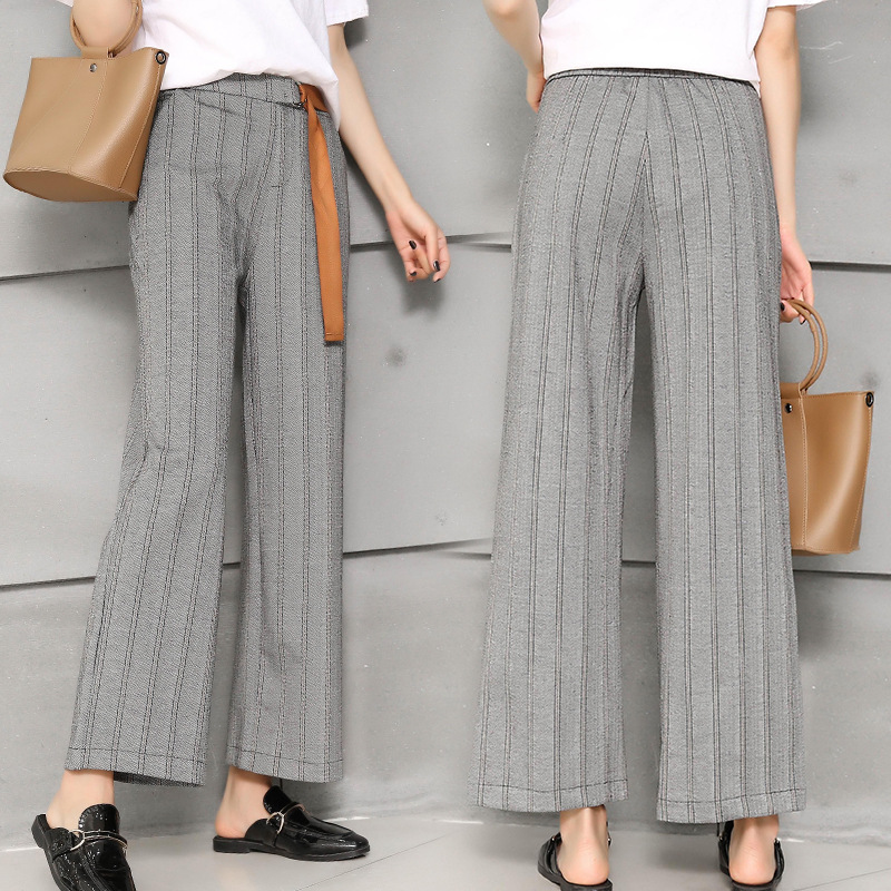 18春夏都市休闲时尚格子条纹九分裤爆款千鸟格条纹阔腿裤厂家批发