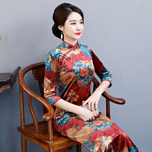 Chinese Dresses Qipao for women robe chinoise cheongsam Long velvet cheongsam skirt, retro traditional performance cheongsam