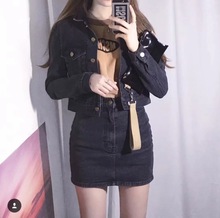 2018秋新款女裝 韓版高腰短版修身夾克單排扣復古女式牛仔外套