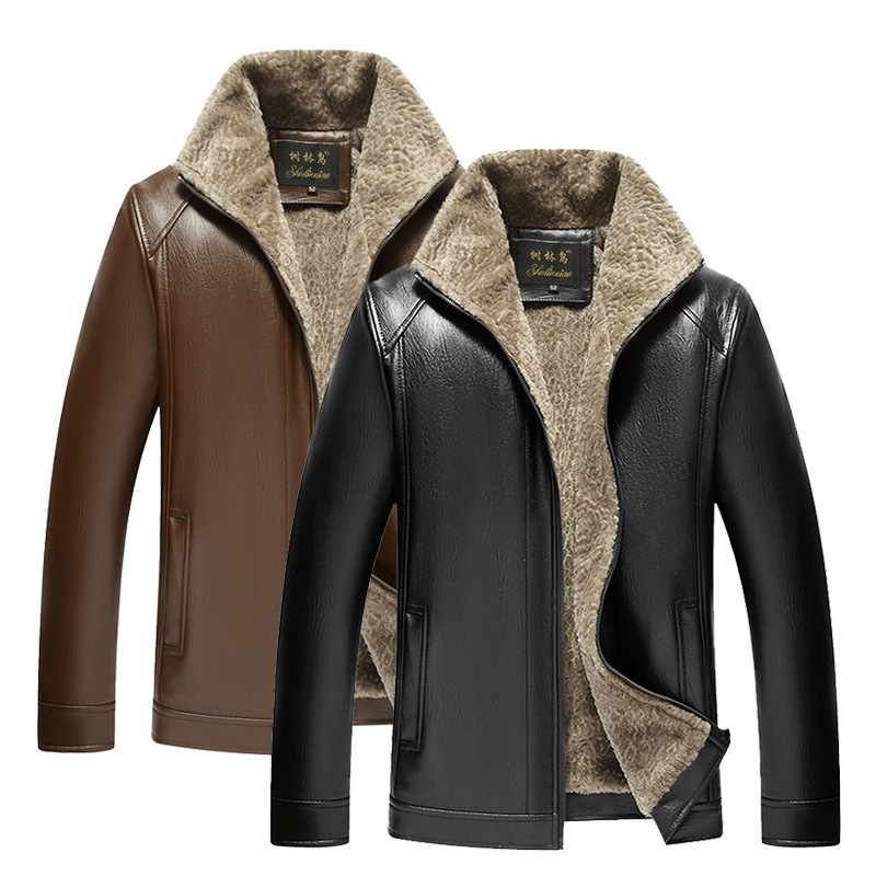 廠家貨源中老年皮衣男加絨加厚保暖皮夾克拉鏈外套展銷會壹件代發