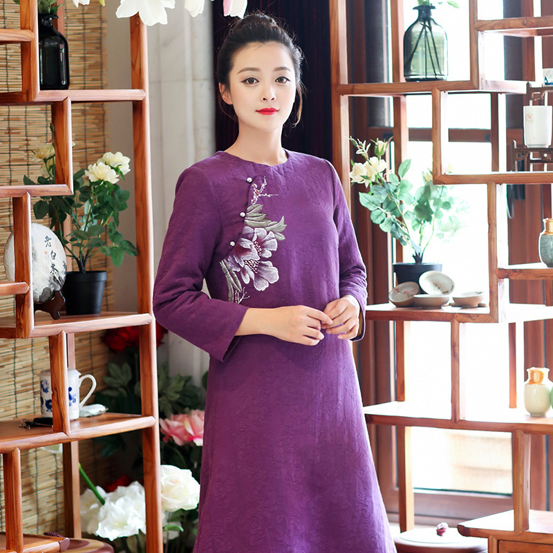 Round neck purple Chinese style plus cotton hand-painted slanting skirt long dress Zen tea dress women