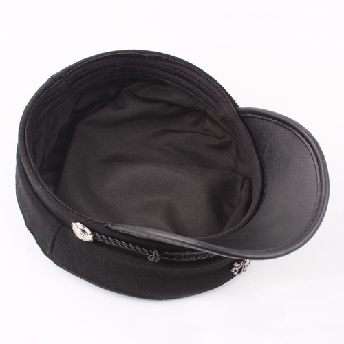 Navy Hat Women's Korean Style Fashion Wool Felt Sailor Hat Men's Flat Top Student Cap Cross PU Brim Captain Hat