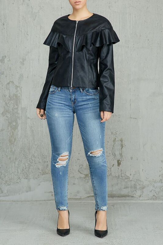 Amazon wish cross-border hot sale European and American sexy PU ruffled women's jacket coat