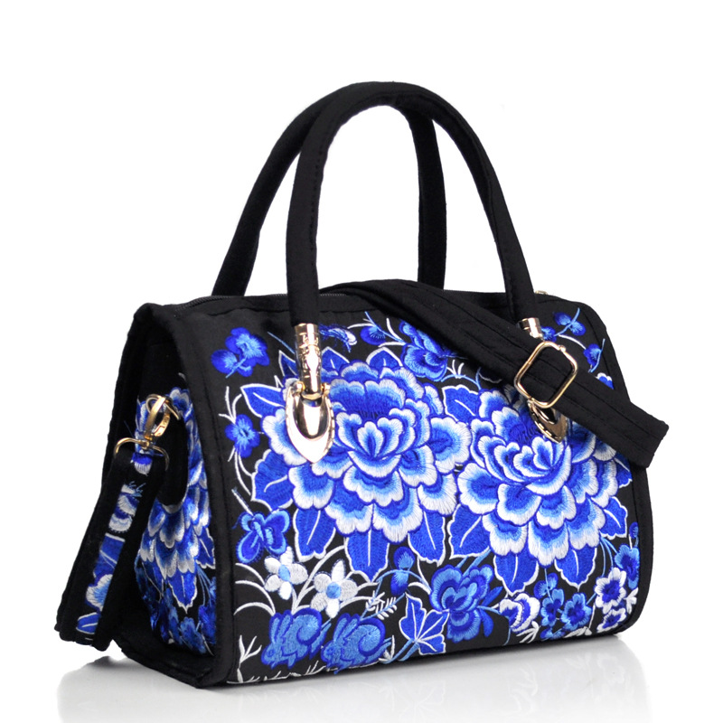 Estilo étnico bordado crossbody portátil de doble uso bolsa de tambor lienzo bordado floral bolsa de viaje hombro portátil bolso de las mujeres