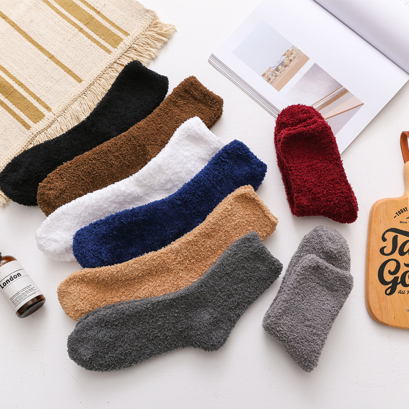 成人袜子批发 木聪棉品 秋冬新款男士珊瑚绒纯色加绒加厚地板袜