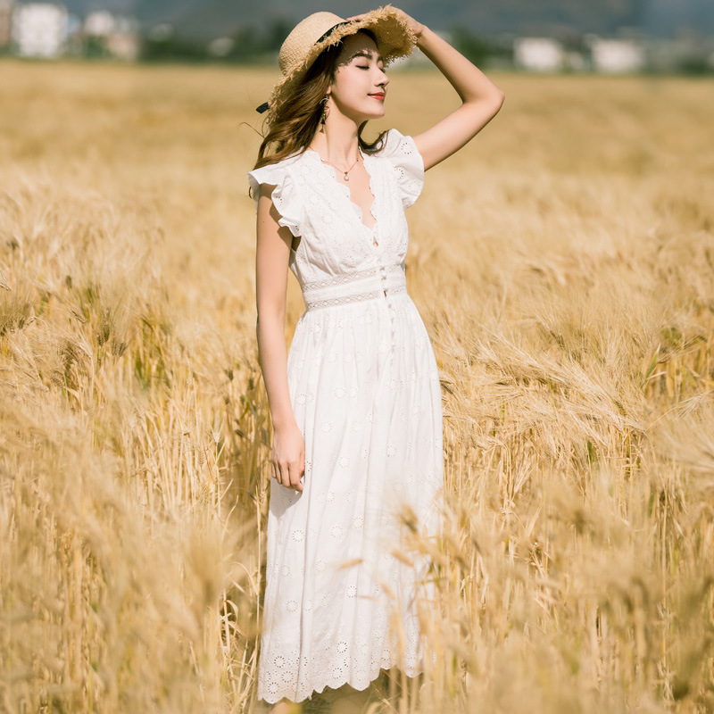 詹妮优 棉布刺绣连衣裙女夏气质淑女V领收腰显瘦中长款裙外贸女装