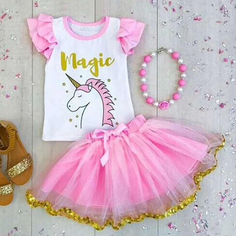 Для девочек европейская и американская летняя буква единорог розовый без рукавов жилетка топ юбка из двух частей Детская одежда in