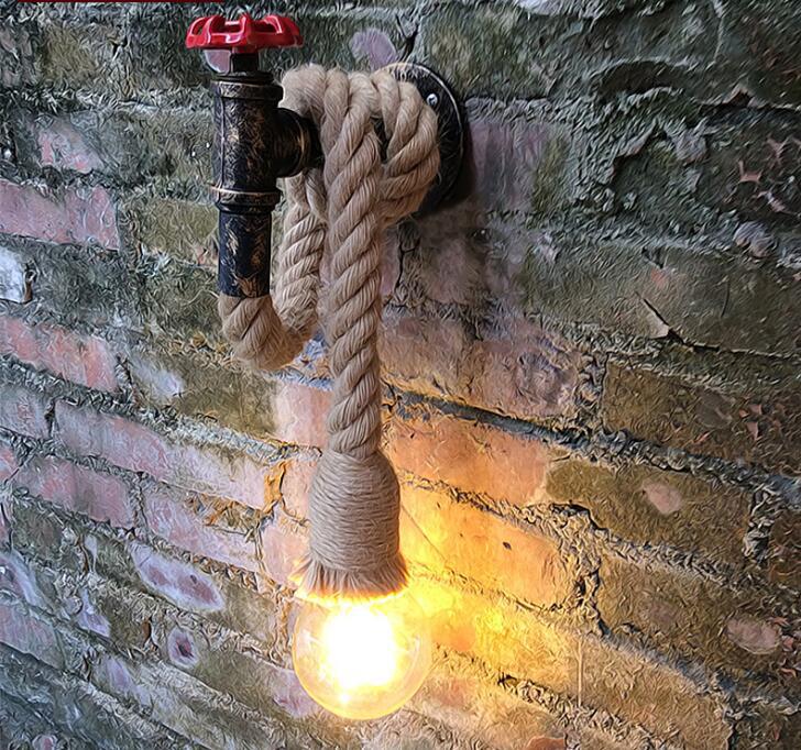 Vintage Water Pipe Lamp for Restaurant, Barber Shop, Clothing Store, Staircase, Hallway, Industrial Hemp Rope Wall Lamp, Indoor Foyer
