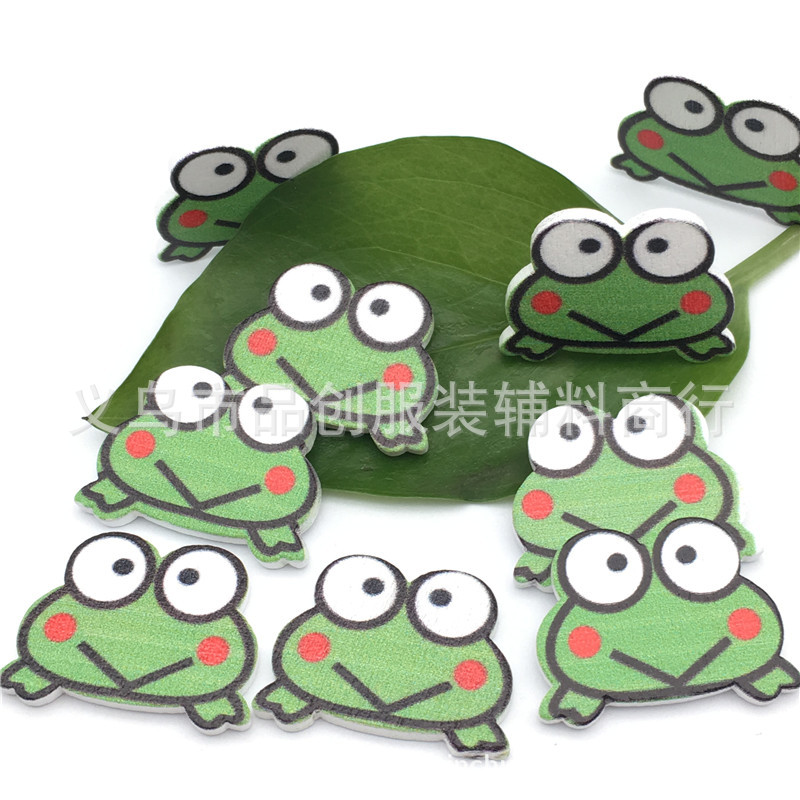 厂家直销绿色青蛙无孔木片扣 卡通彩绘印花木质纽扣 手工DIY贴片