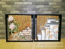 鐵藝裝飾畫手繪牡丹蘭花小鳥風化木版畫背景牆新中式壁畫