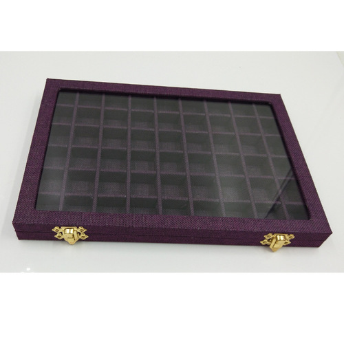 Large burlap jewelry box, nail art jewelry display box with glass lid jewelry trinket storage box