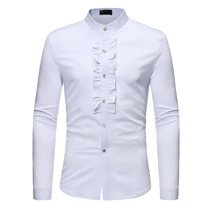 New Amazon WISH men's stand collar lace decoration solid color large size top dress shirt European size ZT-CS23
