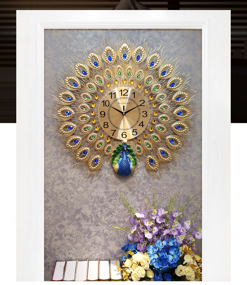 European Luxury Quartz Creative Large Wall Clock Art Golden Peacock