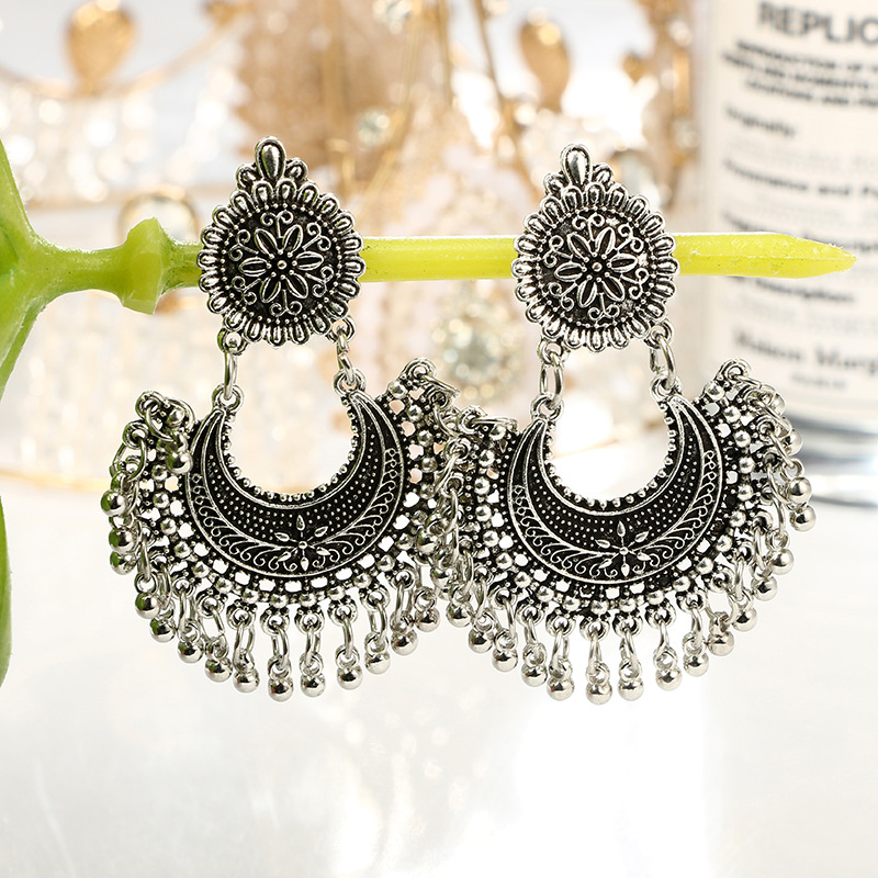 New Bohemian Metal Carved Flowers Semicircle Long Bell Tassel Earrings display picture 4