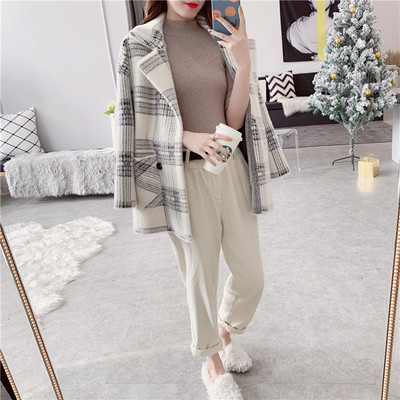 2018秋冬新款仿水貂绒外套女韩版宽松显瘦毛呢大衣格子针织开衫春