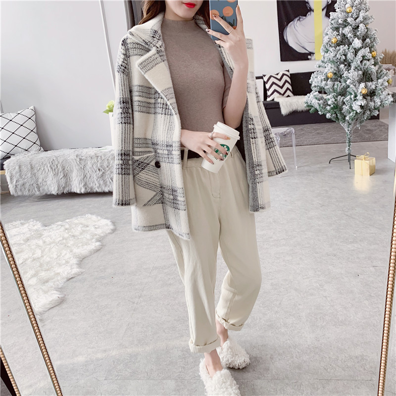 2018秋冬新款仿水貂绒外套女韩版宽松显瘦毛呢大衣格子针织开衫春