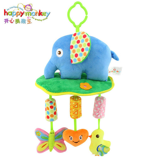 Happy Monkey baby carriage hanging soothing plush toy 0-1 year old baby with ringing paper bed bell wholesale