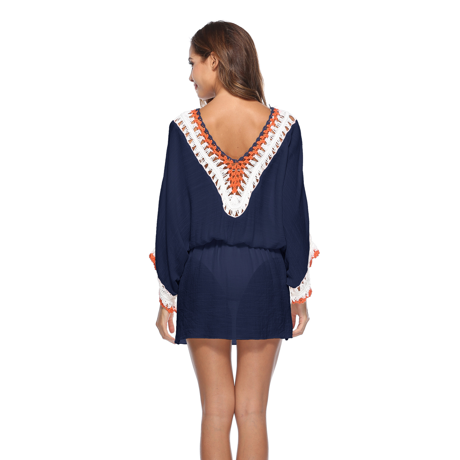 Hand Crocheted Beach Dress V Neck Batwing Sleeves Irregular Hem Sun Protection Cover Up Wholesale Available