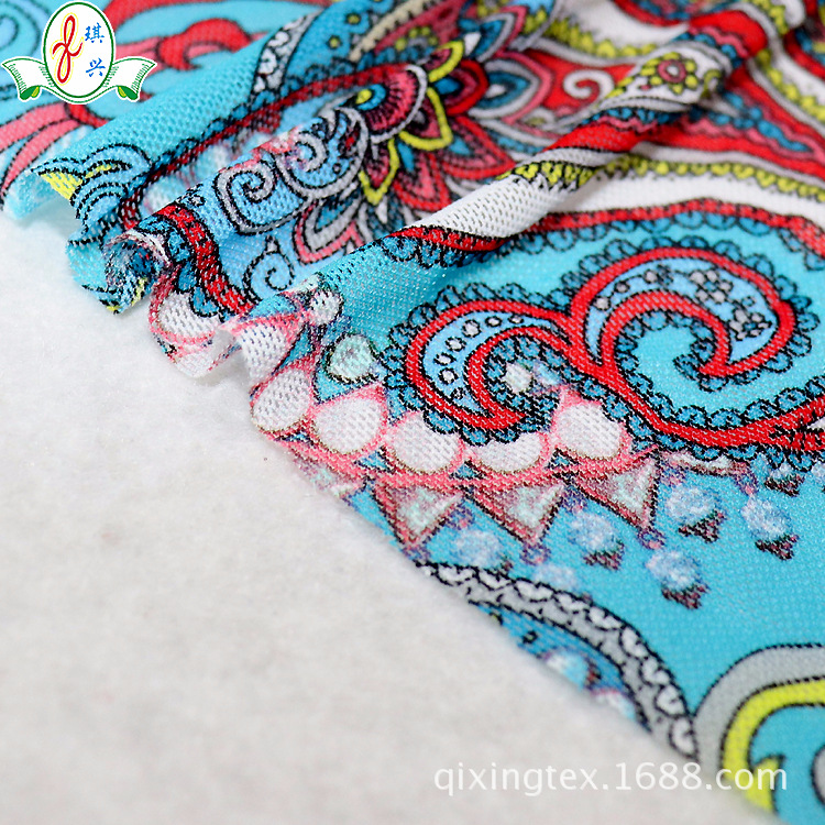 针织网眼面料泳衣波西米亚风数码印花网布面料锦氨纶复古印花