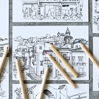 办公文教跟我去旅行涂色明信片套装文化用品diy绘图|ru