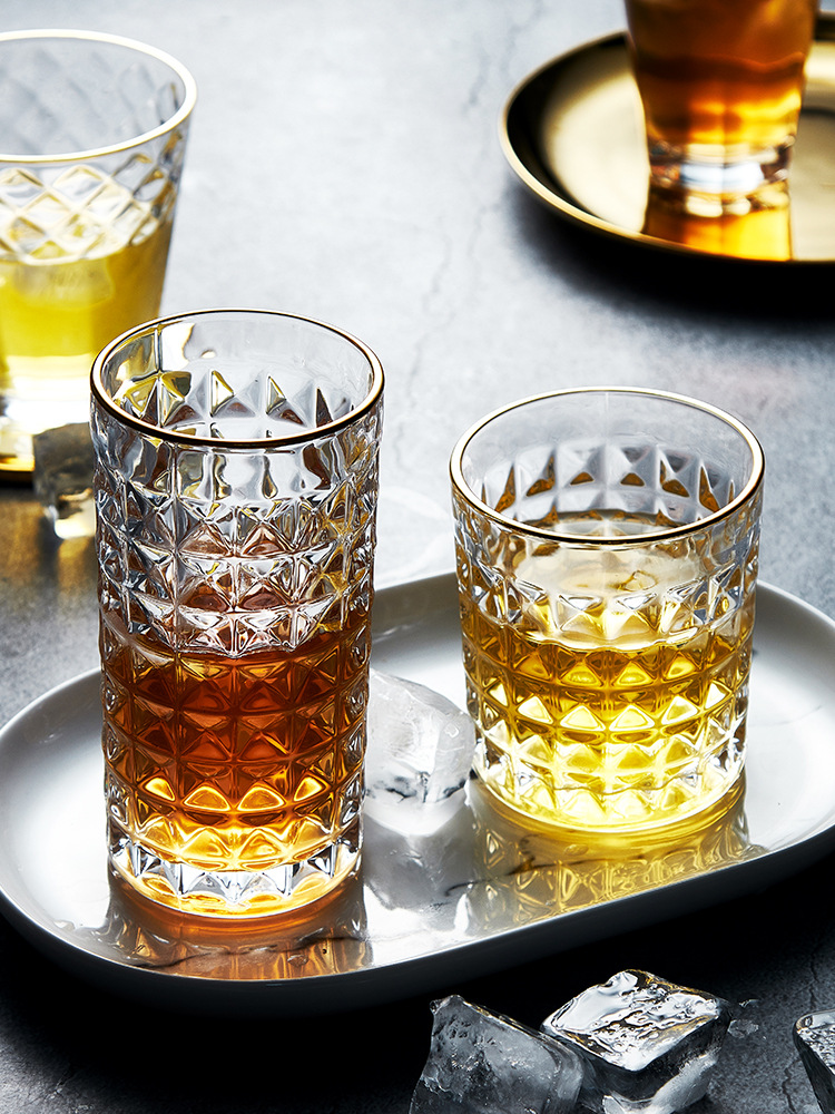 ISN风描金边玻璃杯加厚浮雕水杯家用威士忌酒杯透明洋酒杯