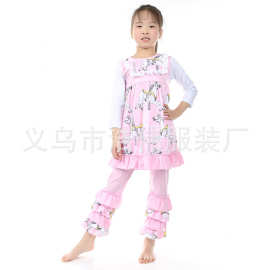 春款外贸童装 欧美女童纯棉假两件套上衣花边长裤套装 厂家直销